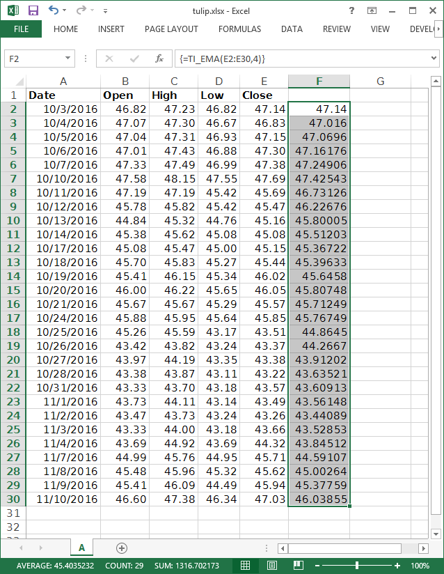 finishing the excel exponential moving average calculation