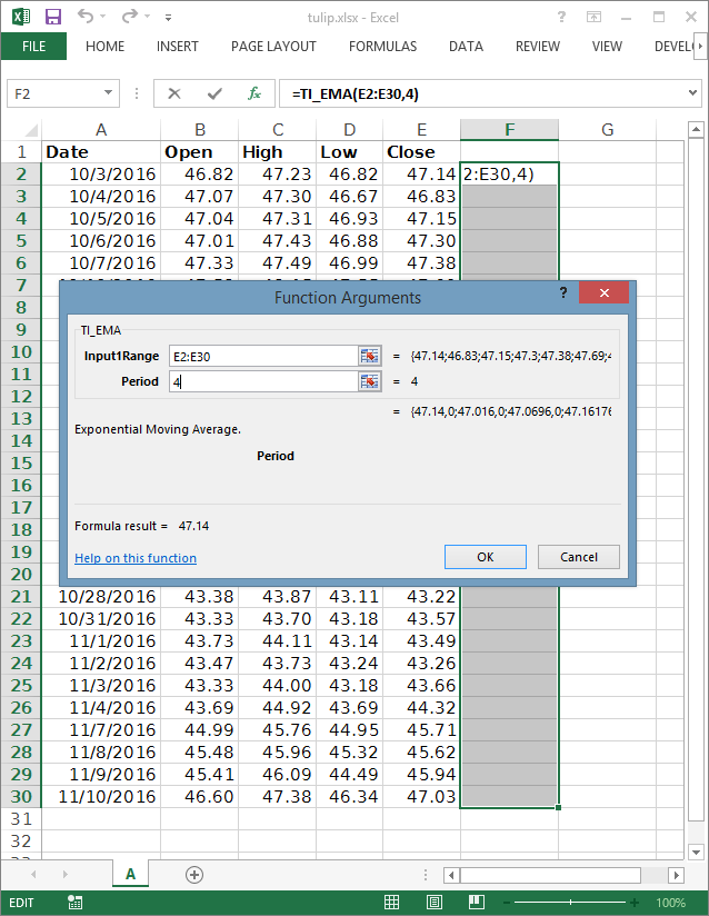 setting Tulip Cell indicator inputs and options in excel